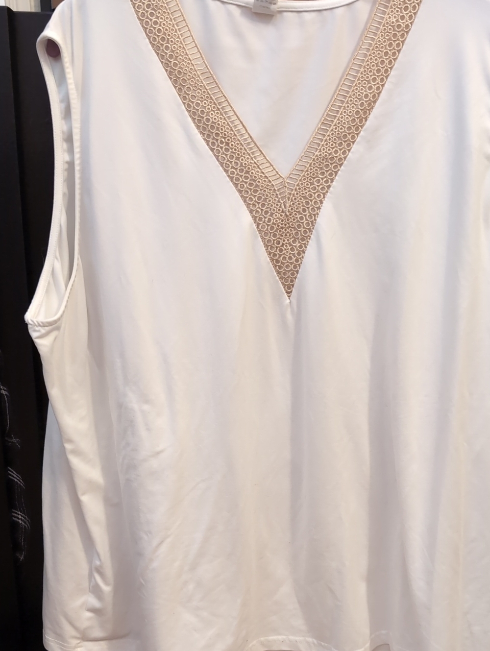 White V-Neck Tank Top with Beige Lace Trim
